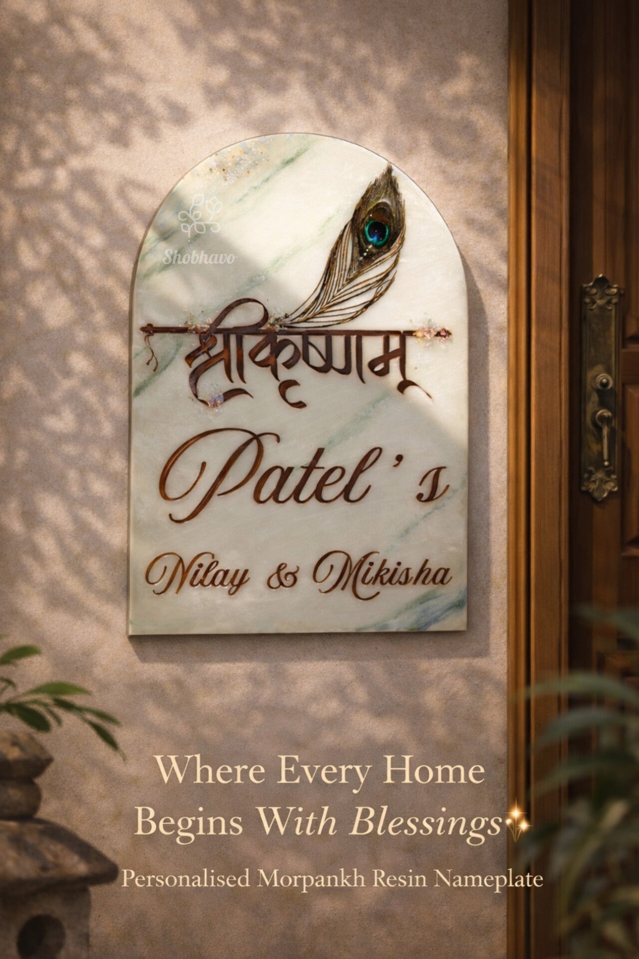 Shree Krishna Morpankh Resin Nameplate – Personalized Home Entrance Décor