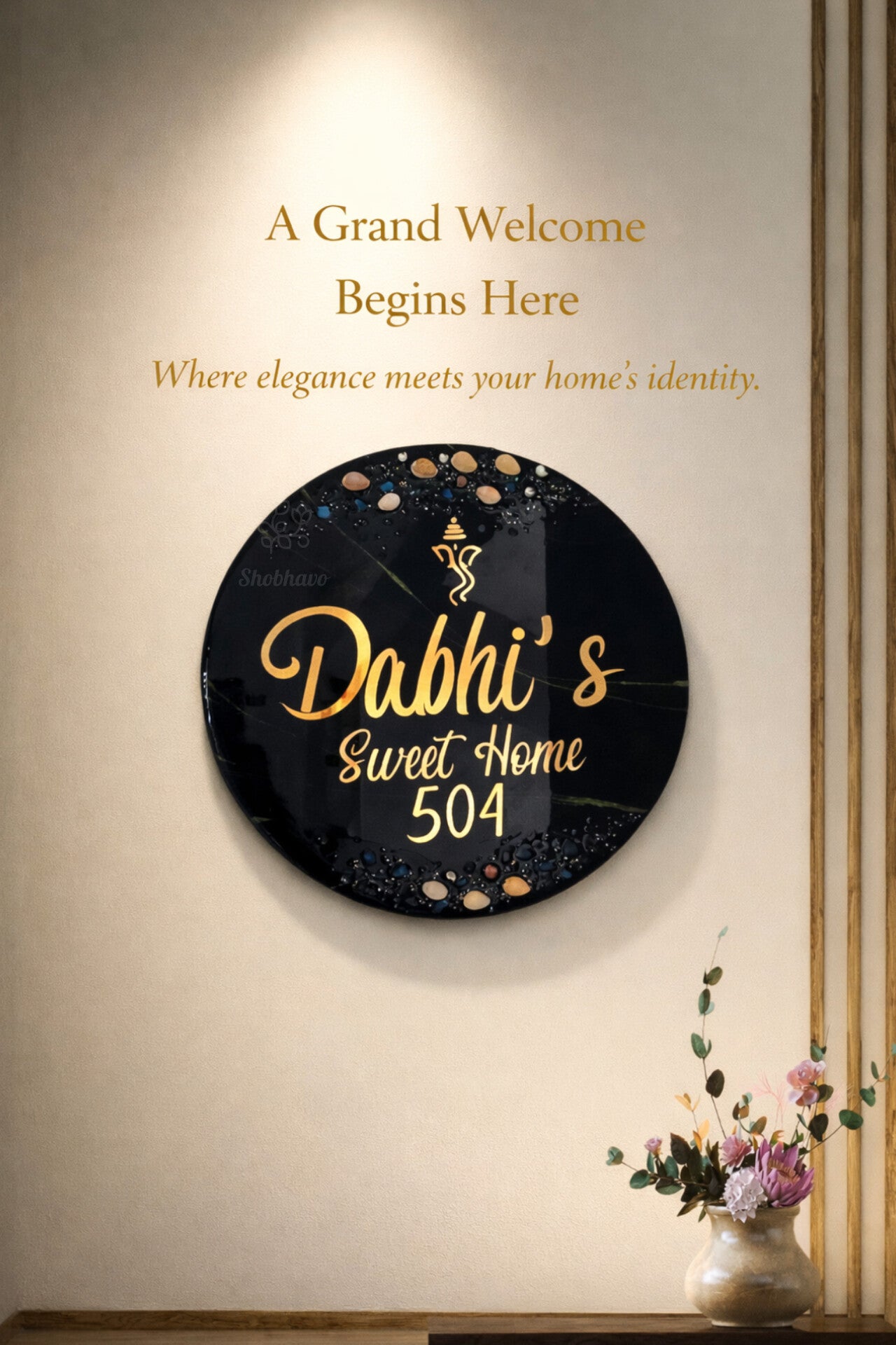 Laxmi Kaudi Round Resin Nameplate – Luxury Personalized Home Décor