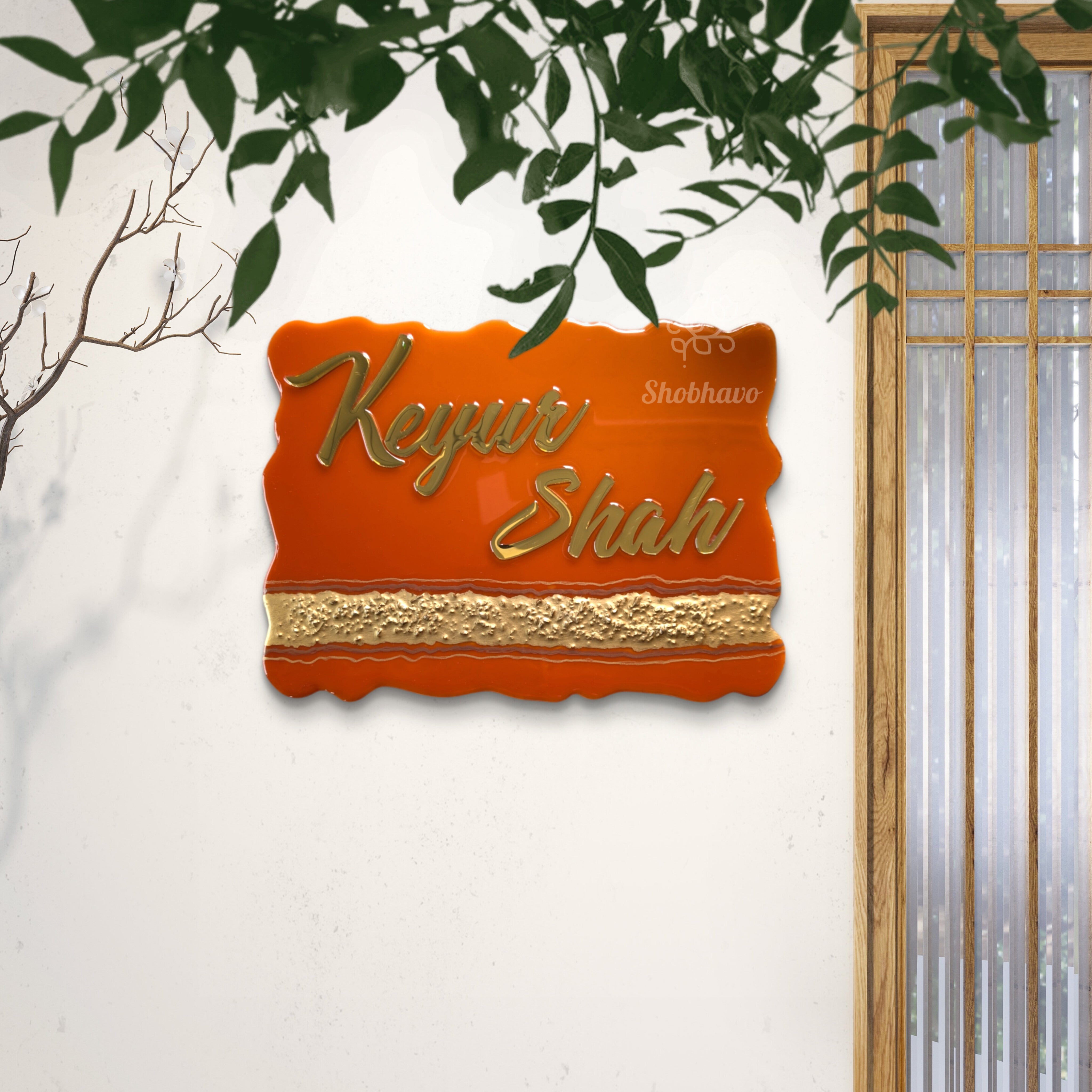 Rust Orange Curvy Rectangle Resin Nameplate – Personalized Golden Mirror Home Décor