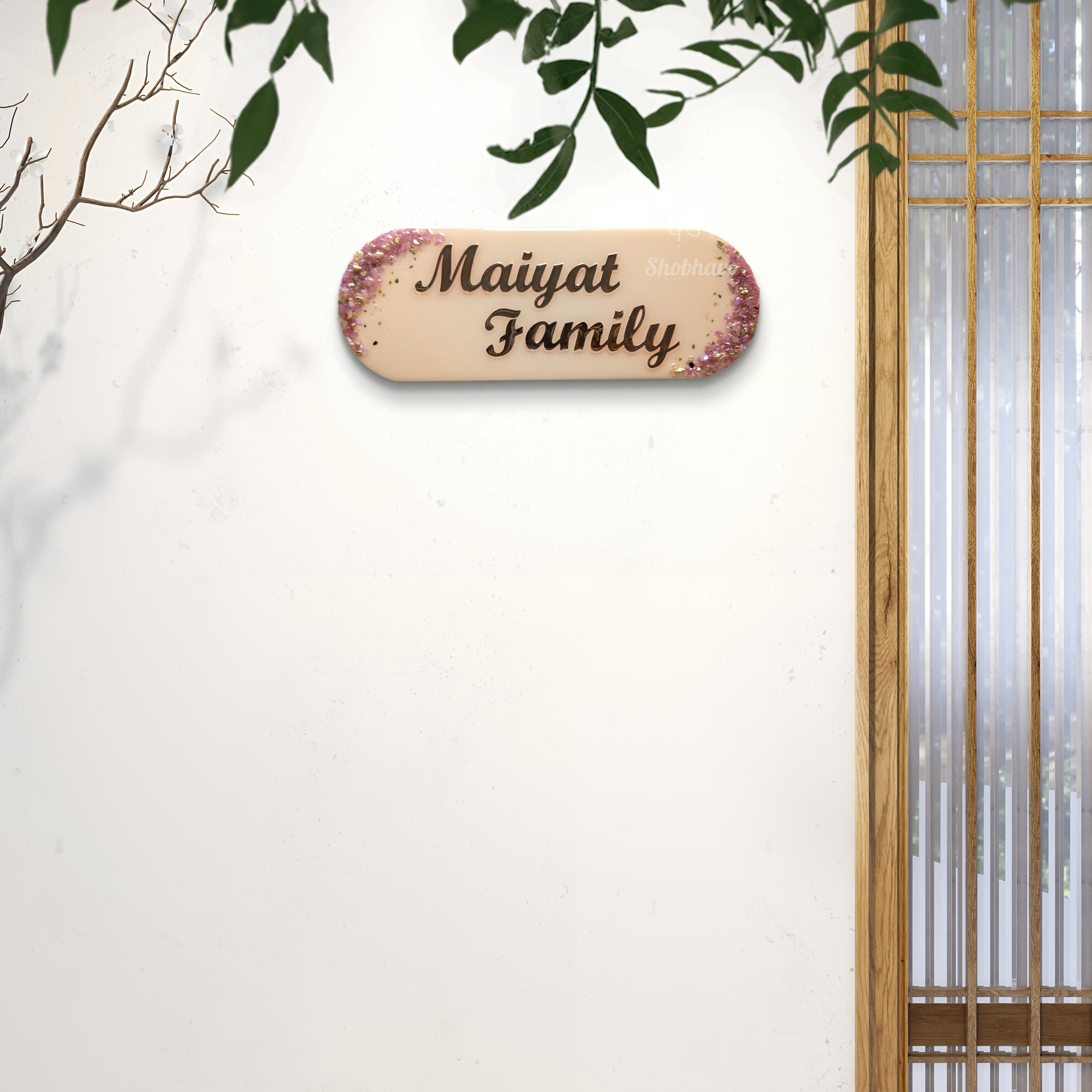 Peach Rounded Rectangle Resin Nameplate – Personalized Crystal & Gold Home Décor