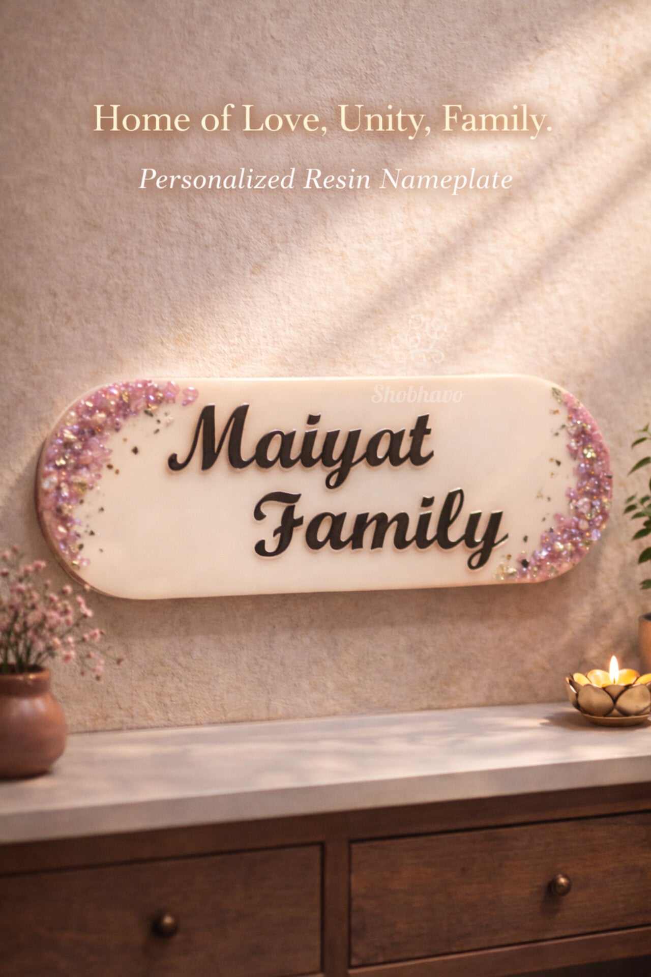 Peach Rounded Rectangle Resin Nameplate – Personalized Crystal & Gold Home Décor
