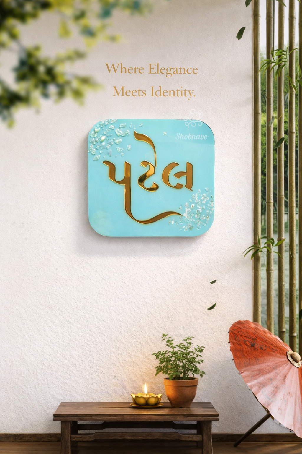 Sky Blue Rounded Square Resin Nameplate – Personalized Crystal & Gold Home Décor