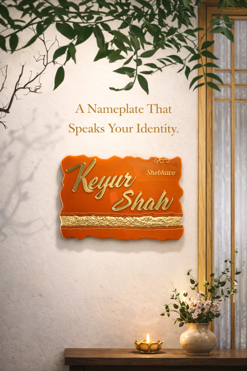 Rust Orange Curvy Rectangle Resin Nameplate – Personalized Golden Mirror Home Décor