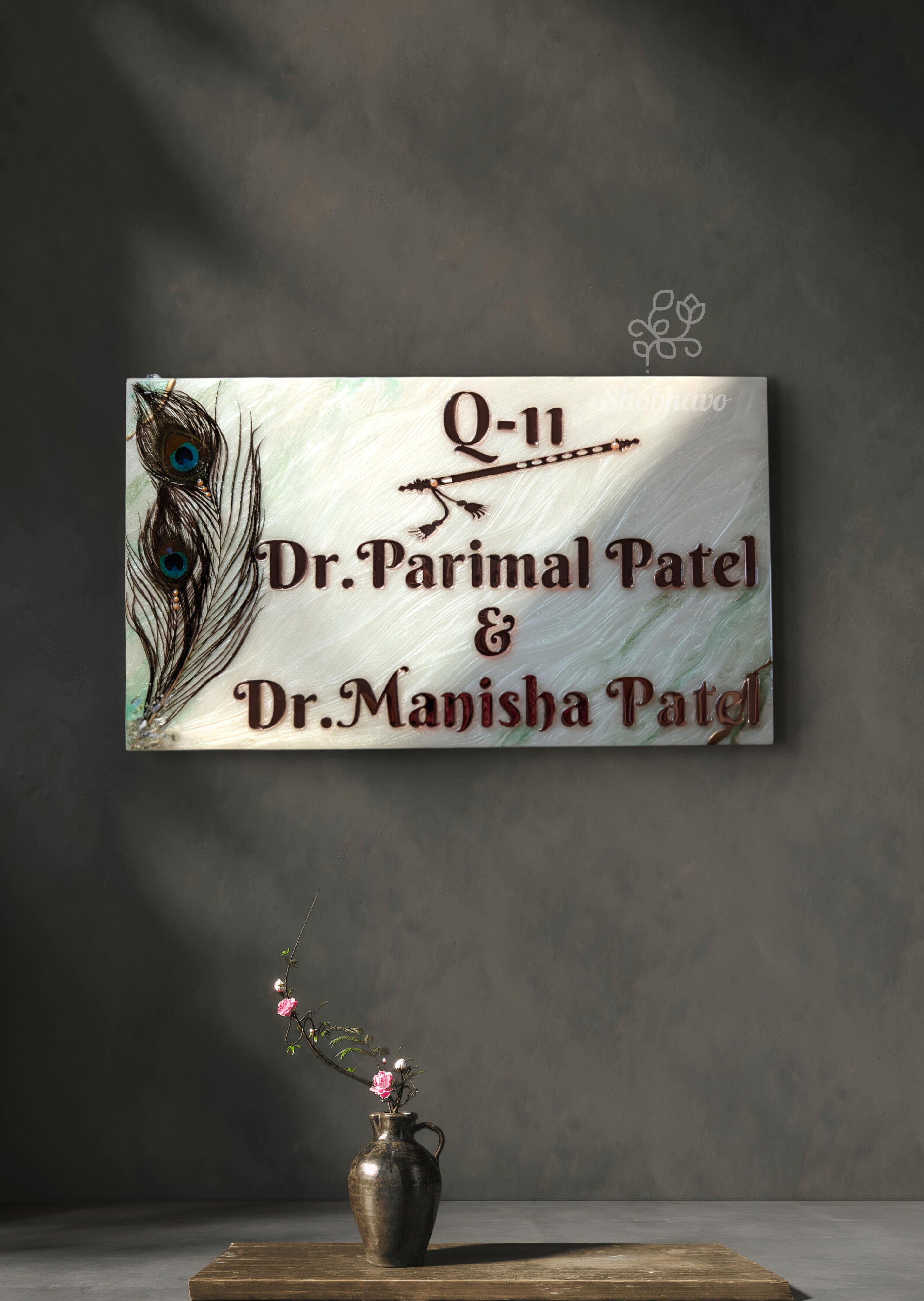 Morpankh Krishna Blessing Resin Nameplate – Personalized Home Décor