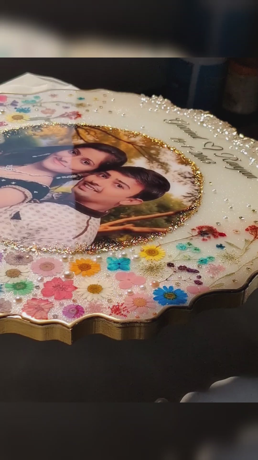Personalized Resin Photo Frame – Floral Crystal Anniversary & Couple Gift