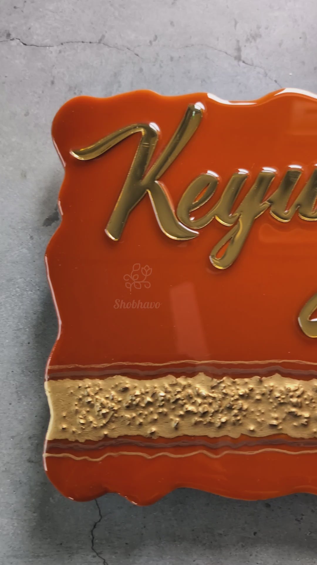 Rust Orange Curvy Rectangle Resin Nameplate – Personalized Golden Mirror Home Décor