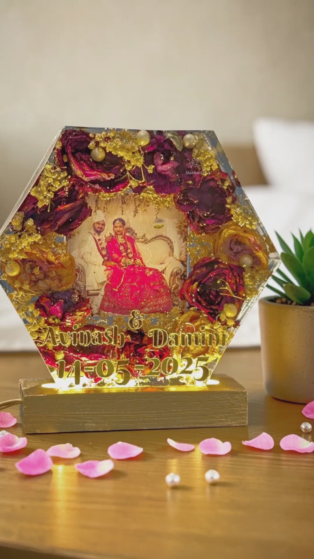 Varmala Preservation Hexagon Resin Block with LED Lighting – Personalized Wedding Keepsake