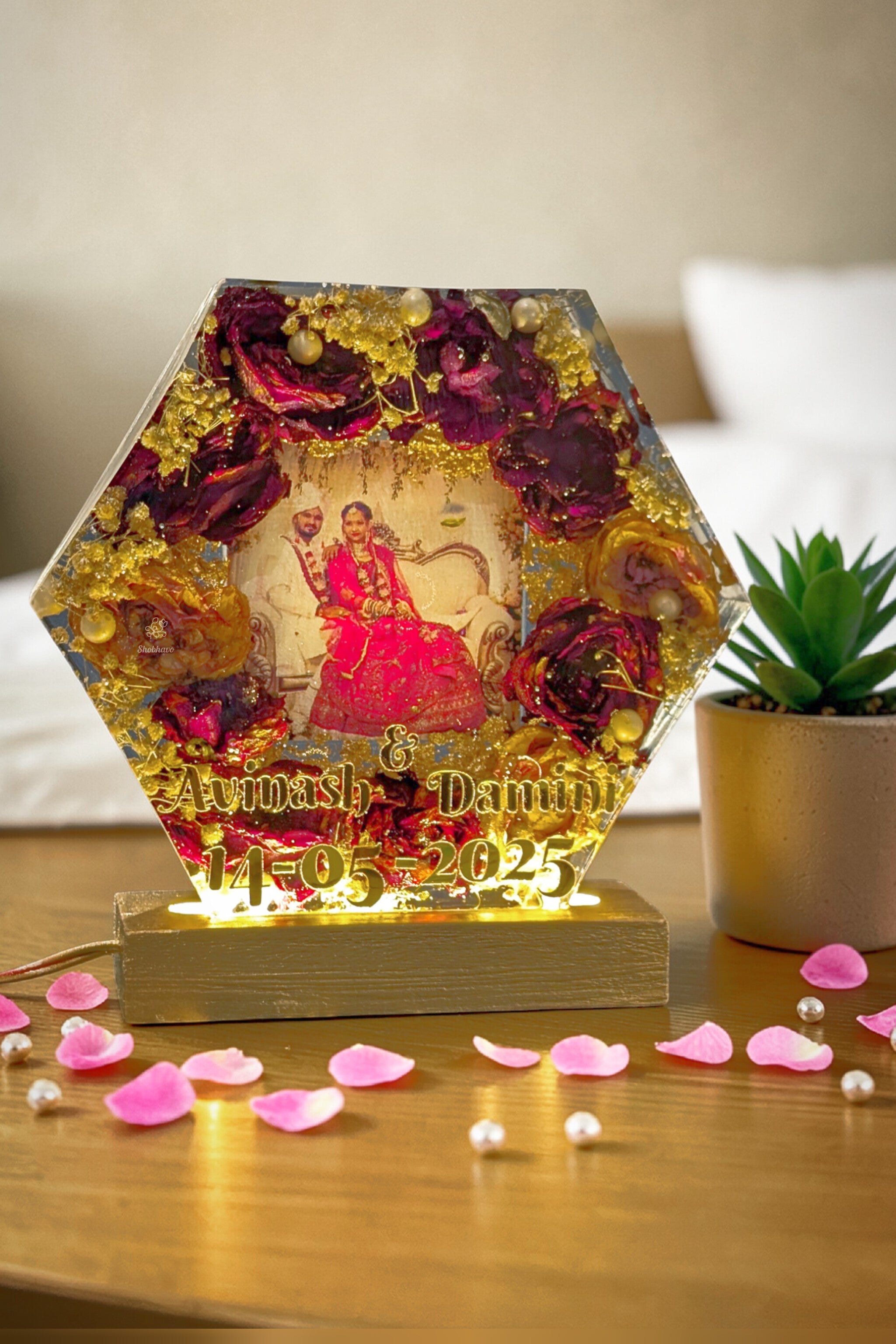 Varmala Preservation Hexagon Resin Block with LED Lighting – Personalized Wedding Keepsake