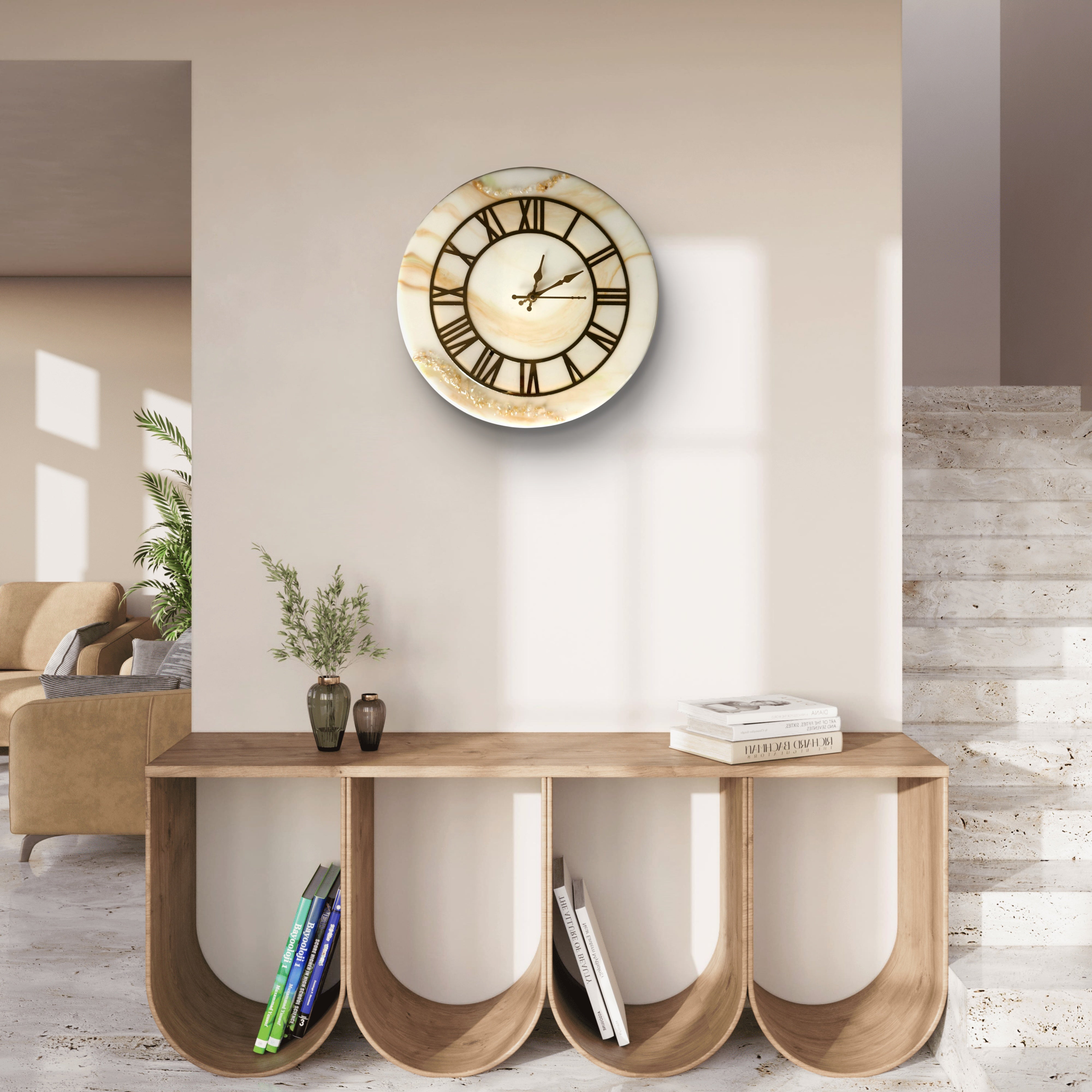 Golden Ivory Luxe Roman Resin Wall Clock – Handcrafted Marble Effect Home Décor