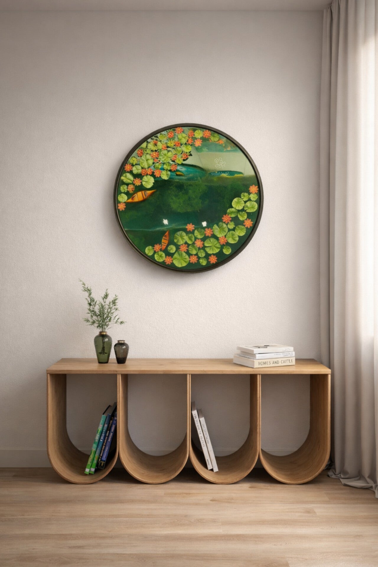 Emerald Serenity Lotus Pond Resin Wall Art – Handcrafted Circular Nature Home Décor