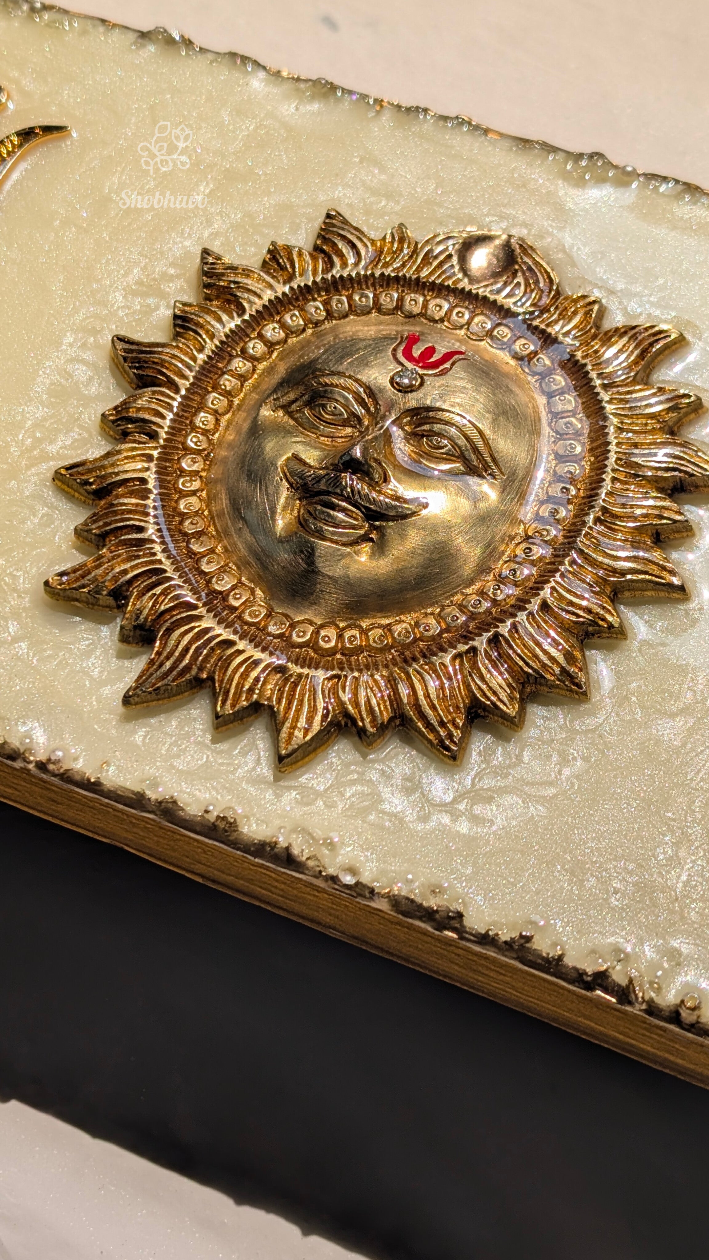 Surya Shakti Entrance Wall Art – Handcrafted Brass Resin Blessing Frame for Home